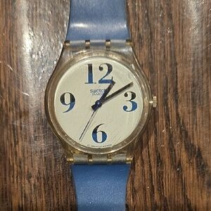 Vintage Swatch Blue Strap Watch with Gold Accents
